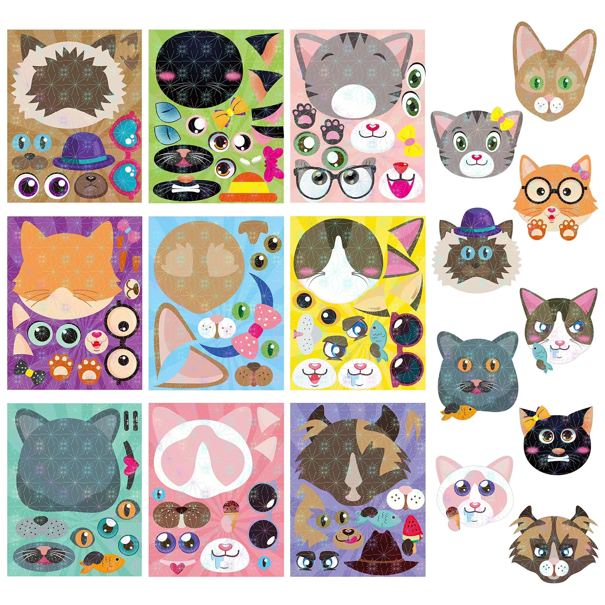 HubirdSall 45Pcs Cats Make-a-Face Stickers Make You Own Cat-Holographi<wbr/>c-45Pcs