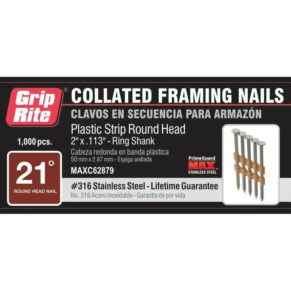 Grip Rite MAXC62879 20-22deg Plastic Strip 2"x.113" Ring Shank,SS Nails 1000/Box