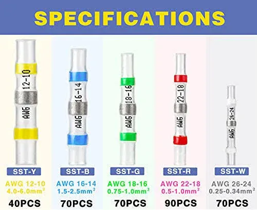 340pcs Solder Seal Wire Connectors-haisstronica Marine Grade Heat Shrink Wire Connectors-butt Splice Wire Terminals for Marineelectrical with Corrosio