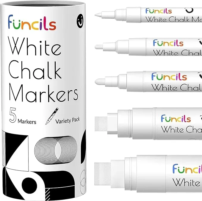 5 White Chalk Markers for Chalkboard Signs, Blackboard, Car Window, Bistro, Glass | 5 Variety Pack - Thin, Fine Tip, Bold & Jumbo Size Erasable Liquid Chalk Pens (1mm, 3mm, 6mm, 10mm, 15mm)