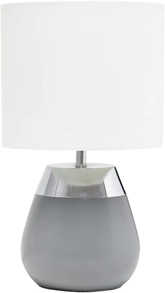 Simple Designs LT1106-GRY 14" Tall Modern 2 Tone Metallic Chrome & Gray Metal Bedside 4 Settings Touch Table Desk Lamp w White Fabric Drum Shade for Décor, Bedroom, Living Room, Dining Room, Office