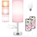 Hong-in Pink Lamp for Girls Bedroom,Nightstand Lamp with 3 Color Modes-Small Bedside Lamp with USB-C+A Charging Ports, Pull Chain Bedroom Table Lamp for Bedroom, Office, Kids Room(Bulb Included)