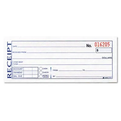 Adams Receipt Book, 3-Part, Carbonless, 2.75" x 7 3/16" - 50 count