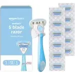 Amazon Basics 5-Blade Razor for Women, Handle, 12 Cartridges & Shower Hanger (Cartridges fit Amazon Basics Razor Handles only) 14 Piece Set, Blue