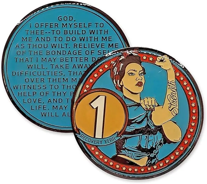 1 Year Sobriety Coin - Rosie The Riveter AA Chip and Medallions with Third St