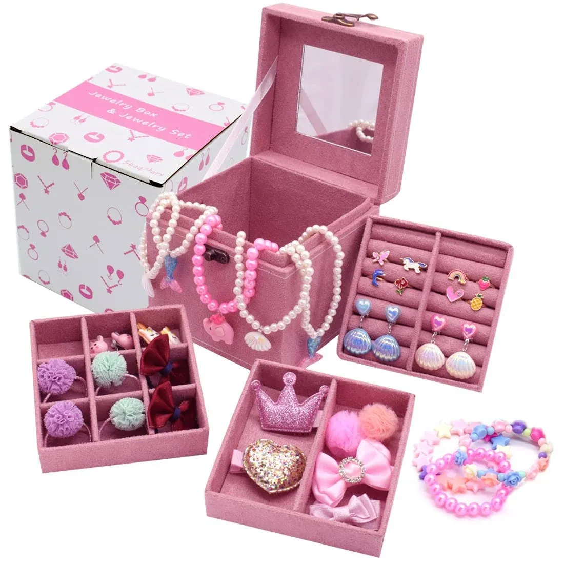 Little Girl Kids 3 Layer Lint Jewelry Box with Mirror and 35 Pieces Girl 