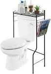 MyGift Black Metal Bathroom Over The Toilet Shelf with Magazine Basket, Space Saver Freestanding Storage Organizer Rack