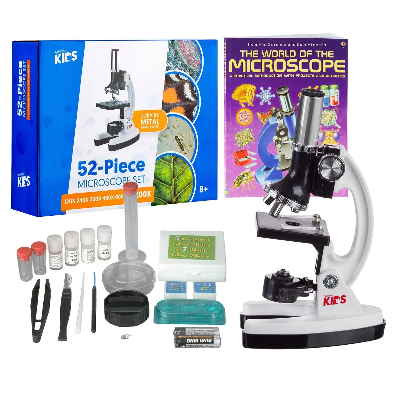 AMSCOPE-KIDS 120X-1200X Starter Microscope Science Kit + 48 pg Book w Metal Arm