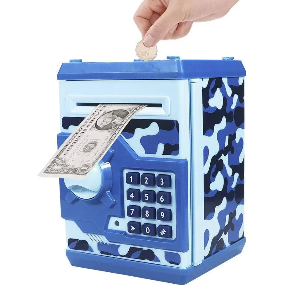 Piggy Bank Electronic Mini ATM for Kids - Password Protected Money Saving Box with Auto Scroll Paper Money and Coin Slot - Best Birthday Gift for Boys and Girls (Rose Gold + Camo Blue)