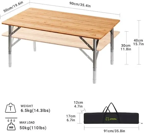 ATEPA Coffee Table Picnic Table, Small Bamboo Folding Table, Portable Camping Table with Carry Bag Adjustable Height, Easy to Carry for Outdoor Beach Backyard, 23.6''(L) x15.7''(H)