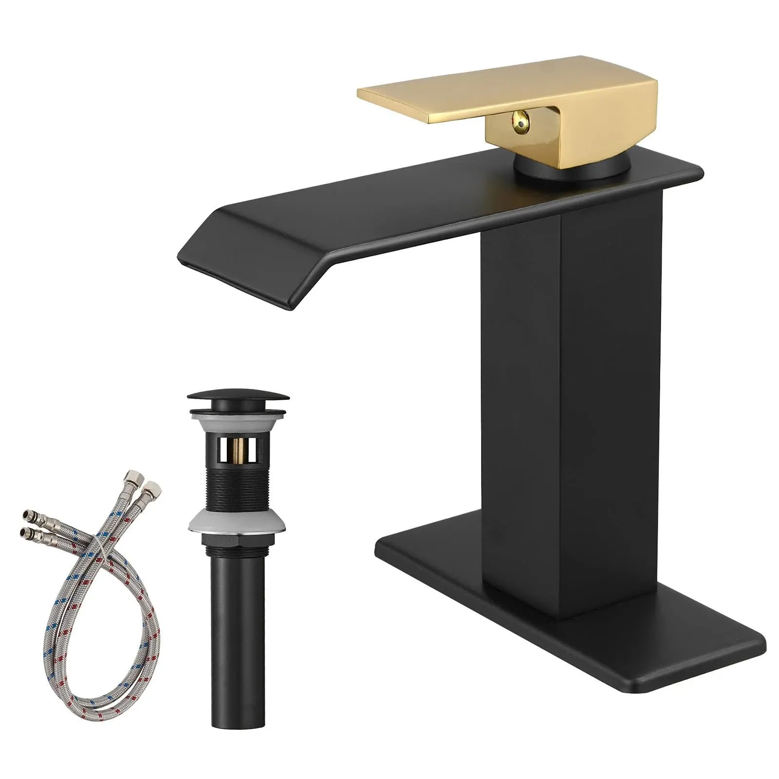 Black and Gold Bathroom Faucet Waterfall 1-Handle Low-Arc w/ Pop-up Drain