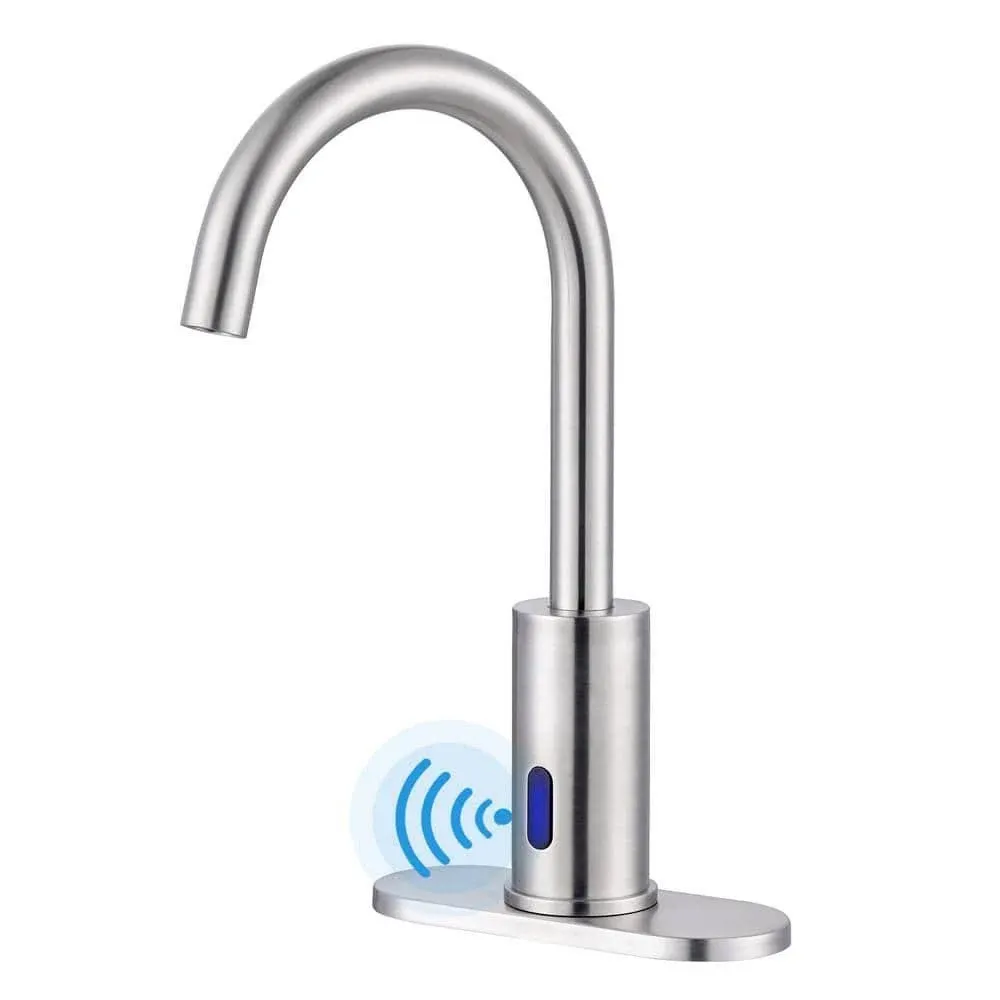 WOWOW Battery-Powered Commercial Touchless Single Hole Bathroom Faucet with Deck Plate in Brushed Nickel 2322301