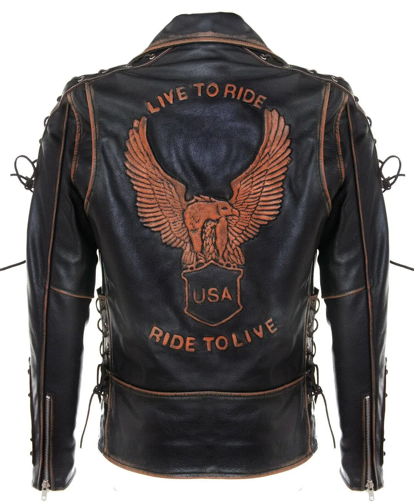 Men&#039;s Vintage Black Brando “LIVE TO RIDE” Embossed EAGLE Leather Biker Jacket