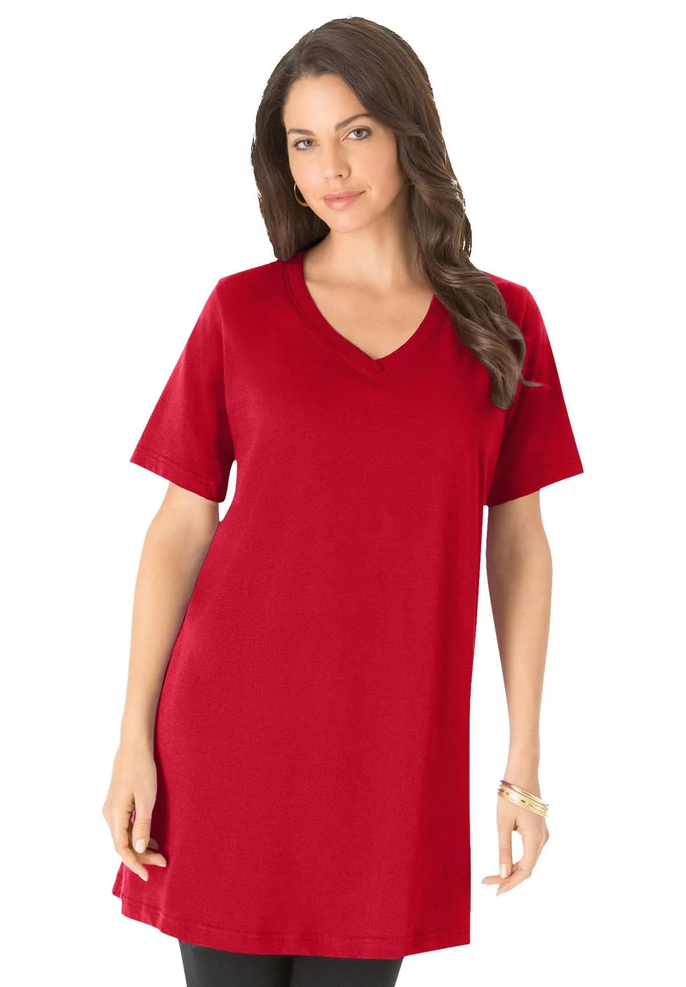 Roaman's Women's Plus Size Short-Sleeve V-Neck Ultimate Tunic, M - Classic Red