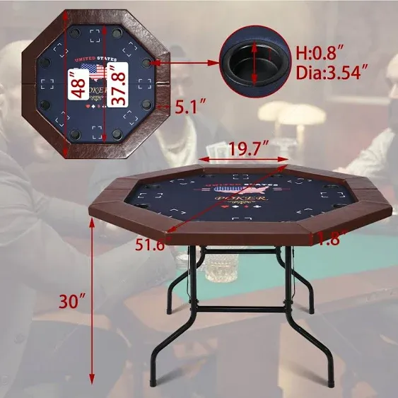 RayChee Poker Table Foldable, 8 Player Octagonal Folding Portable Texas Holdem Table with Water-Resistant Cushioned Rail, 8 Stainless Steel Cup Holders, Casino-Grade Felt Surface (48inch, Brown)