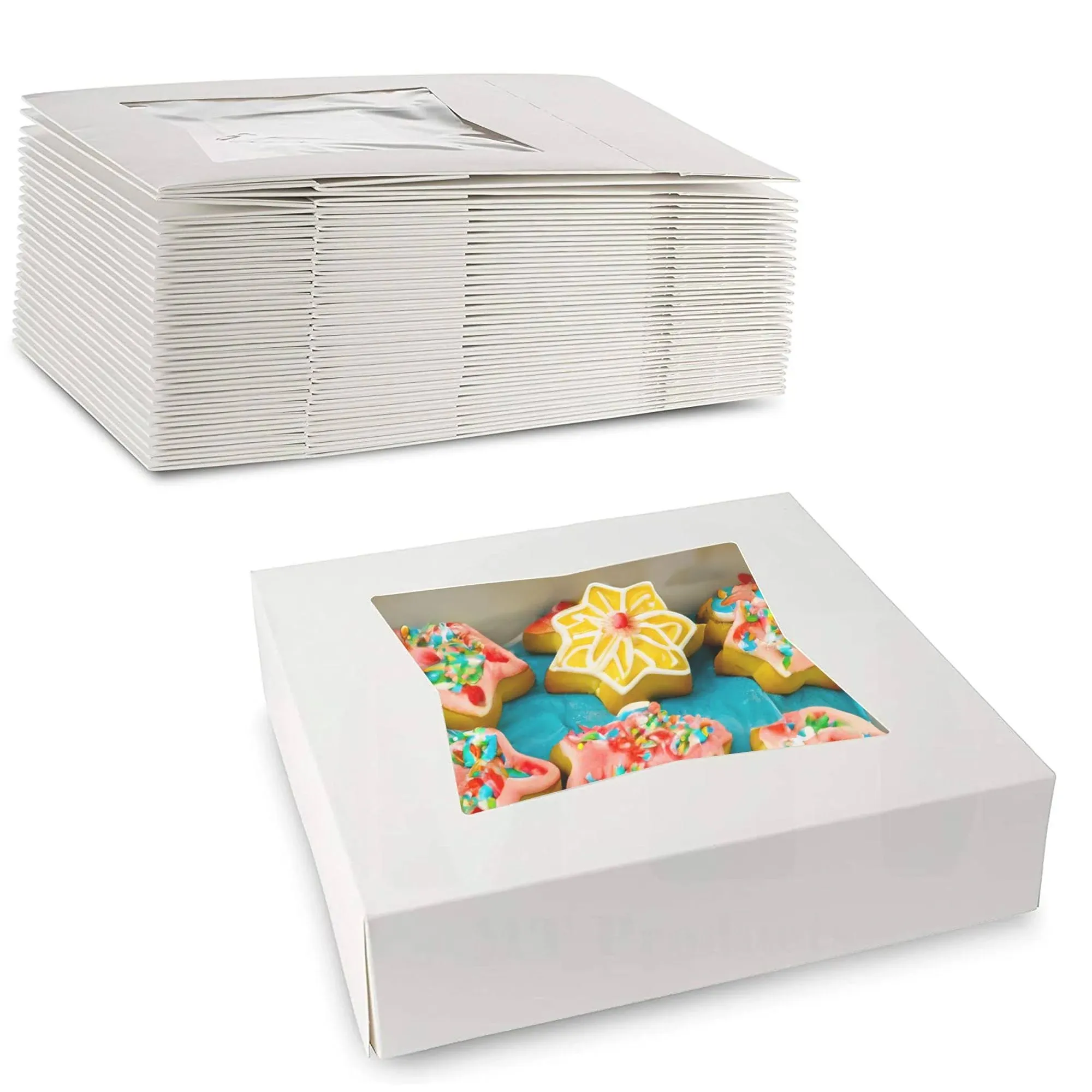 MT Products White Cookie Boxes - Size of 8" X 8" X 2.5" - (Pack of 15) Auto Pop-Up Bakery Boxes with Window - Made in the USA