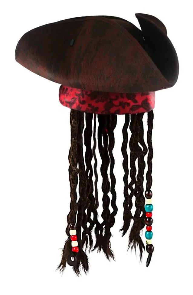 Nicky Bigs Novelties Jack Caribbean Sparrow Tricorn Pirate Hat Buccaneer Beads Dreadlock Hair Costume, Size: One size, Brown