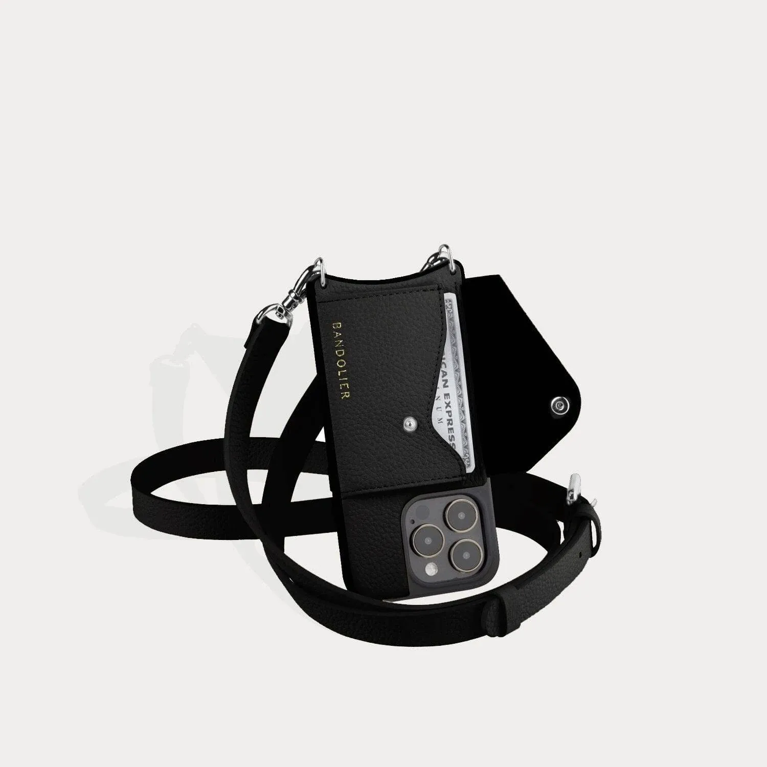 Bandolier Hailey Crossbody Phone Case and Wallet - Black Leather with Gold Detail - Compatible with iPhone 14