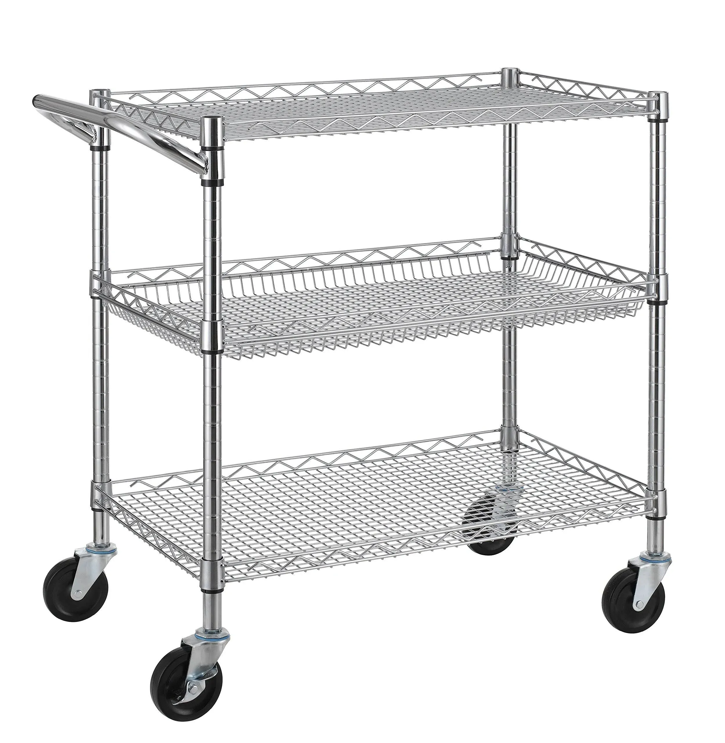 Finnhomy 3 Tier Heavy Duty Commercial Grade Utility Cart, Wire Rolling Cart with Handle Bar, Steel Service Cart with Wheels