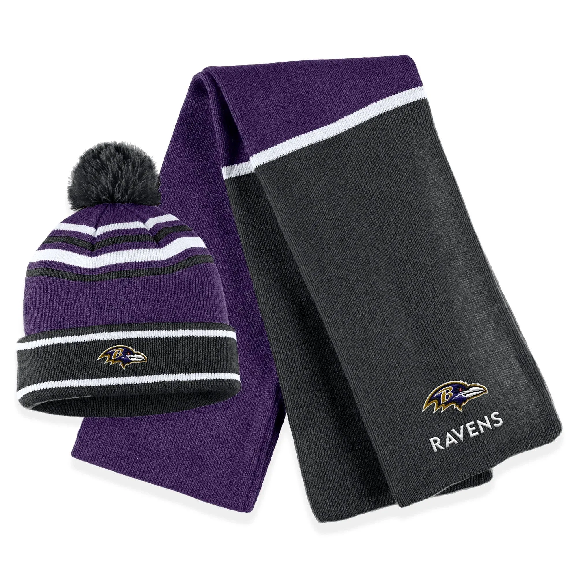 "Women's Baltimore Ravens WEAR by Erin Andrews Purple Colorblock Cuffed Knit Hat with Pom and Scarf Set"