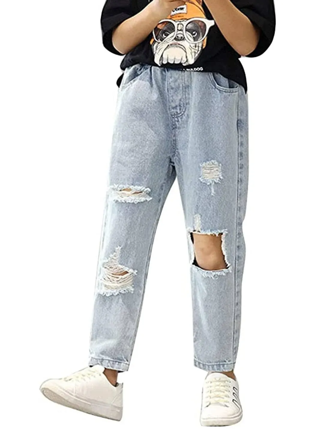 AMEBELLE Ripped Jeans for Teen Girls Elastic Waist Cute Girls Pants 8Y 10Y 12Y 14Y