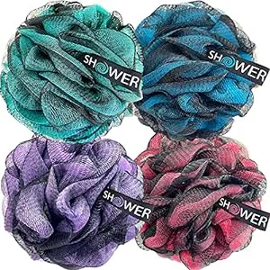 Shower Bouquet Loofah-Charcoal Bath-Sponge-Color-Set XL-75g Extra Large 4 Pack, Soft Mesh Black Bamboo Loufa Puff - Exfoliating Body Scrubber for Wom