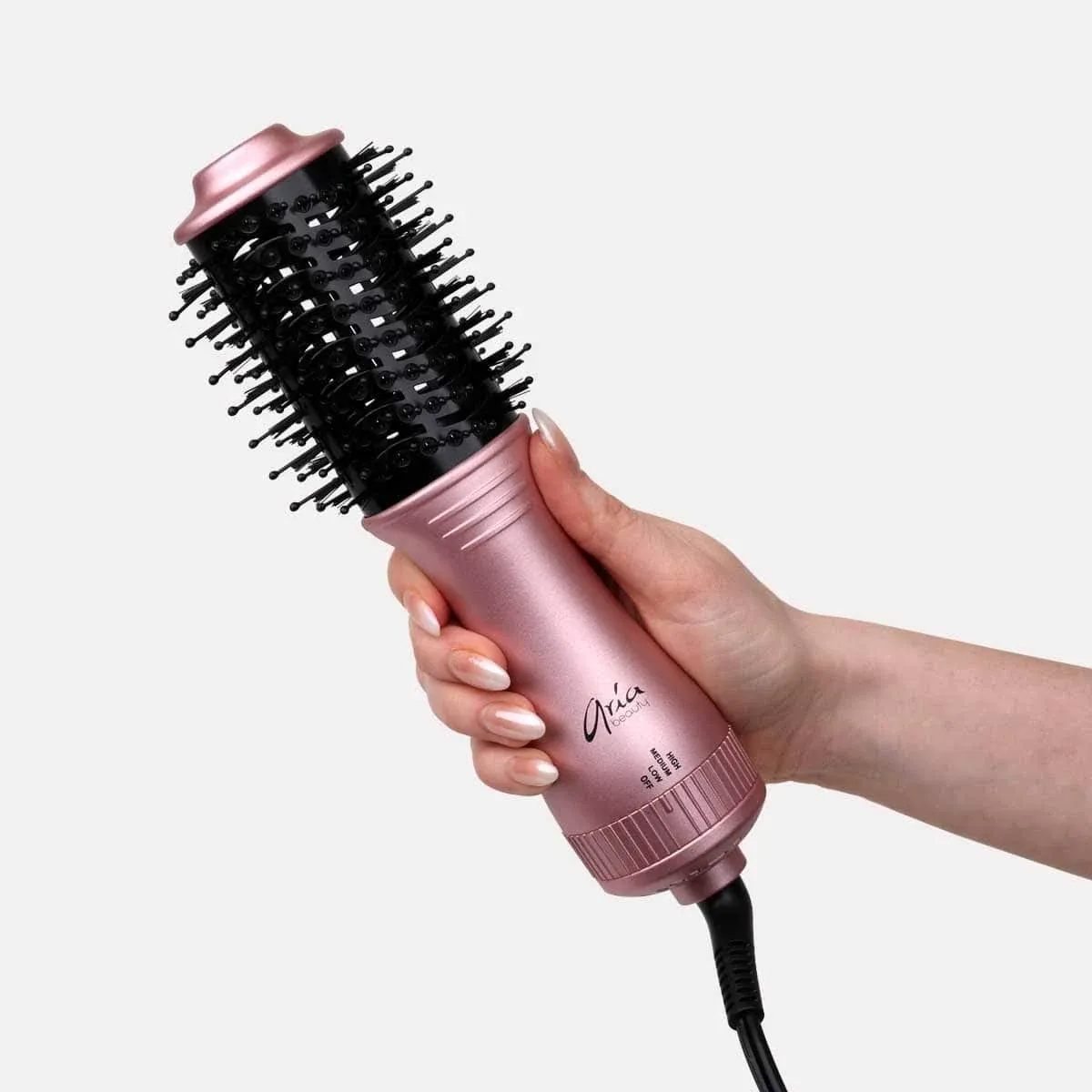 Aria Beauty Mini Blowdry Brush, Rose Gold, 3 Adjustable Heat/Speed Settings, 110 Volts, 600W Motor, Tourmaline Barrel