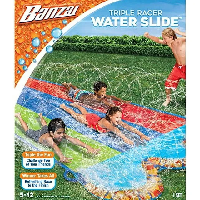 Banzai Triple Racer 16 Ft Water Slide-with 3 bodyboards included, MulticolorBanzai Triple Racer 16 Ft Water Slide-with 3 bodyboar…