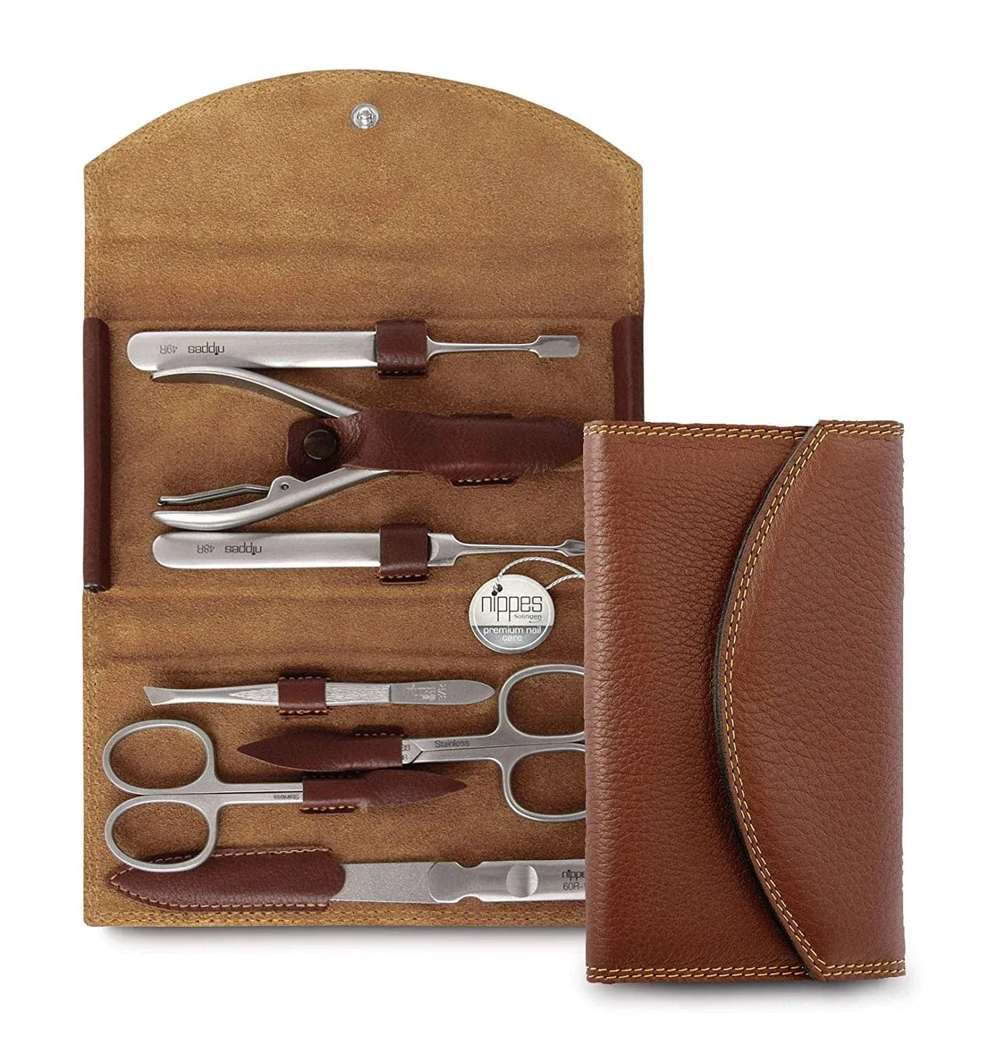 Nippes Solingen Premium Manicure Set 7 Piece Brown Leather Case