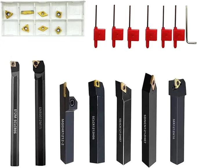 1/2" CNC Carbide Lathe Turning Insert Tool, 12mm Shank Indexable Lathe Boring Bar Turning Tool Holder Set With Carbide Inserts For Semi-finishing and Finishing-21pcs (1/2"-21PCS)