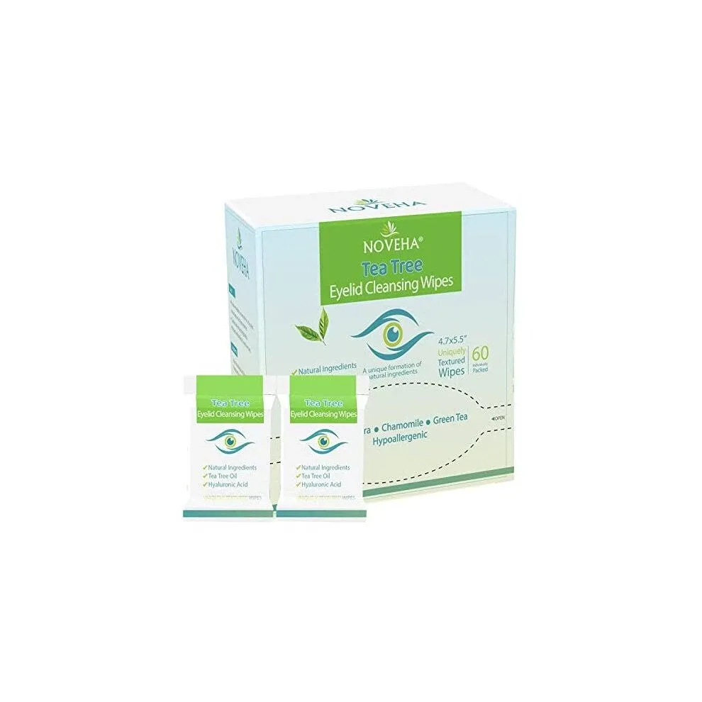 NOVEHA 60PCs Tea Tree Oil Eyelid & Lash Wipes | With Hyaluronic Acid, Green Tea & Chamomile For Blepharitis, Itchy & Stye Eyes, Individually Wrapped, Natural Eyelash Makeup Remover & Daily Cleanser