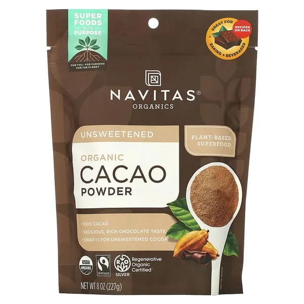 Navitas Organics Cacao Powder, Regenerative Organic Certified, Non-GMO, Fair Trade, Gluten-Free, 8oz. Bag, 15 Servings