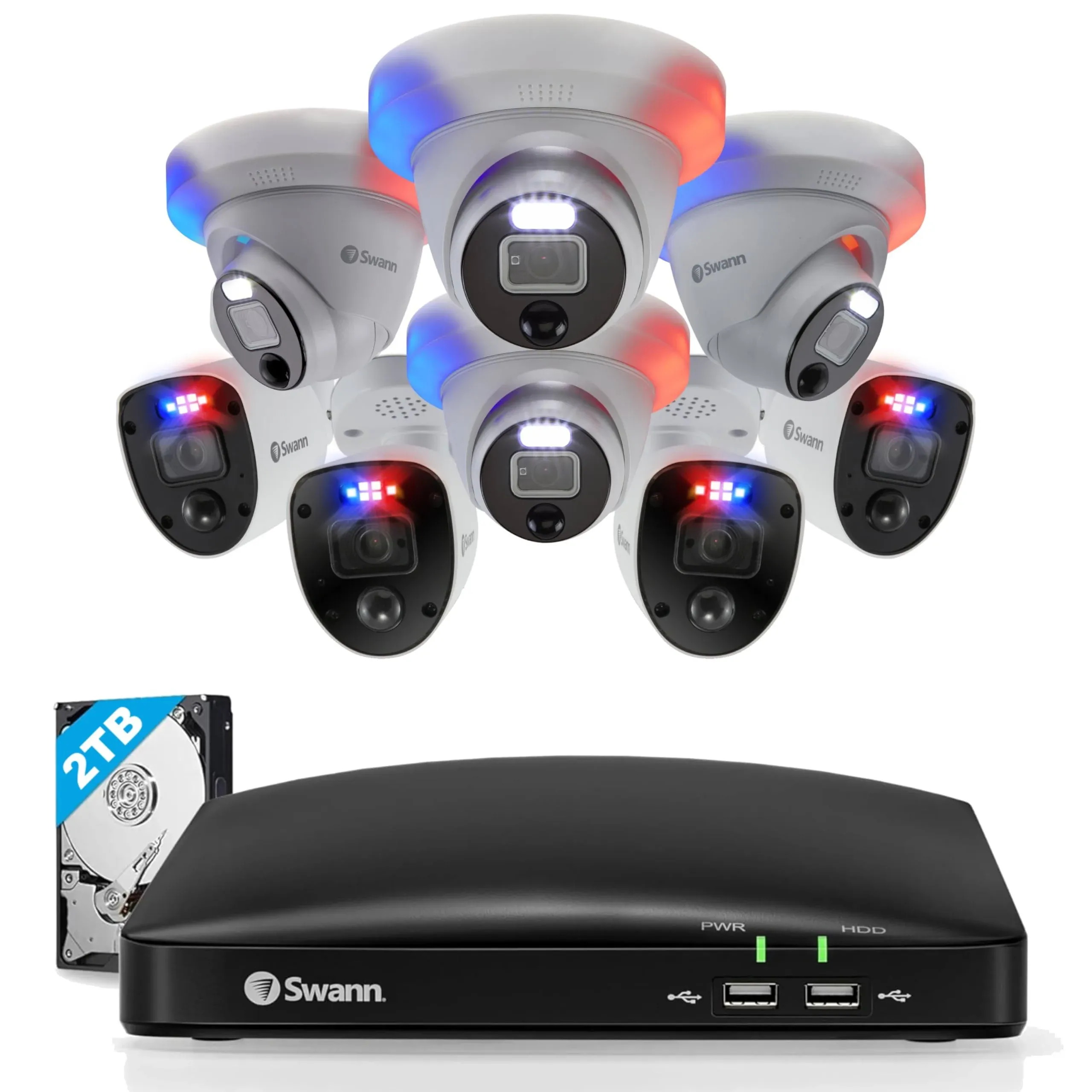 SWANN 4K Ultra HD Video 8 Channel DVR Security Camera System, 2TB Hard Drive, 8 Indoor/Outdoor Cameras, Wired CCTV Surveillance, 24/7 Recording Security Camera, SwannForce LED Lights, 856804RL4DE