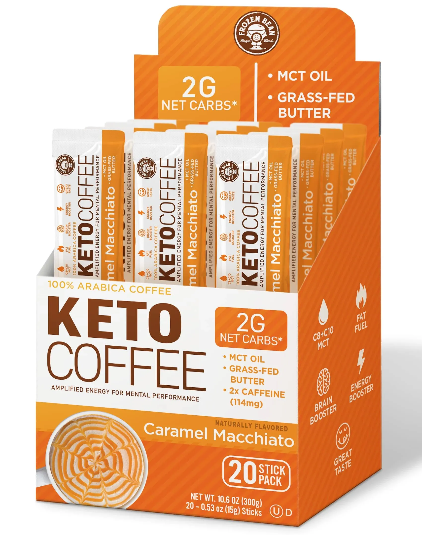 The Frozen Bean - Caramel Macchiato Keto Instant Coffee Mix with Low Sugar, MCT Oils, Improves Focus and Energy, and Increase Metabolism - 20 Single