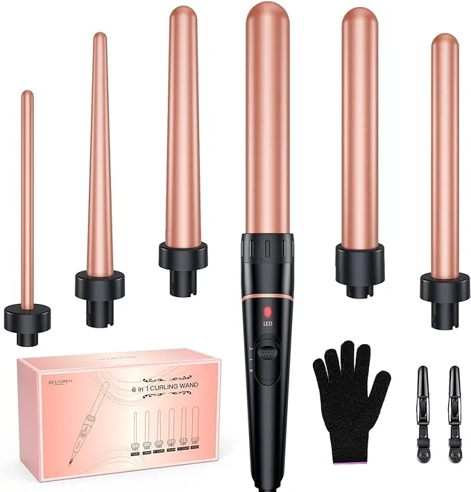 Long Barrel Curling Iron Wand Set, Bestope Pro 6 in 1 Curling Wand Set with Ceramic Barrel for Long/Medium Hair, 0.35"-1.25" Interchangeable Hair