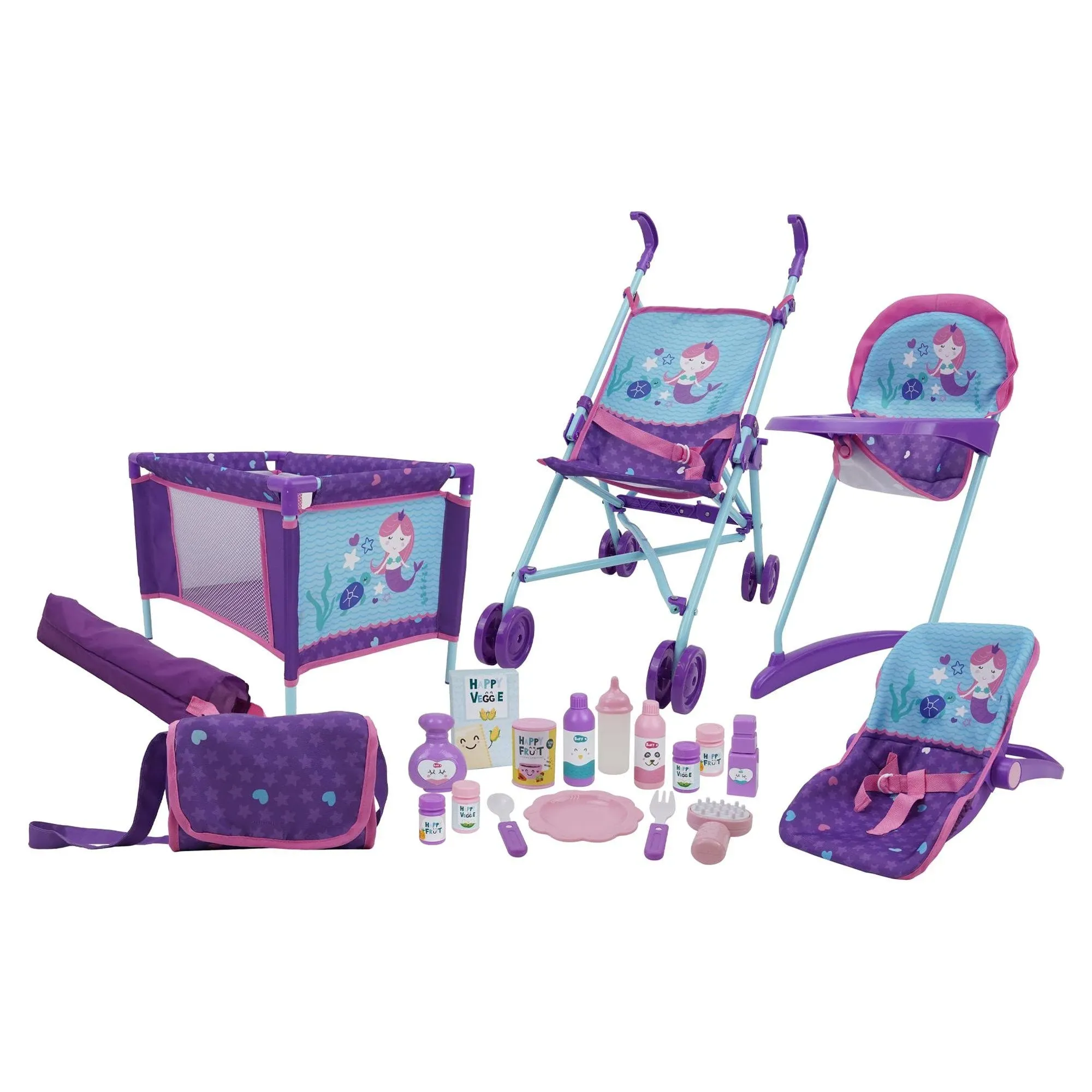 509 Crew: Mermaid 9 Piece Doll Playset W/ Stroller, Highchair, Bouncer, Handbag,