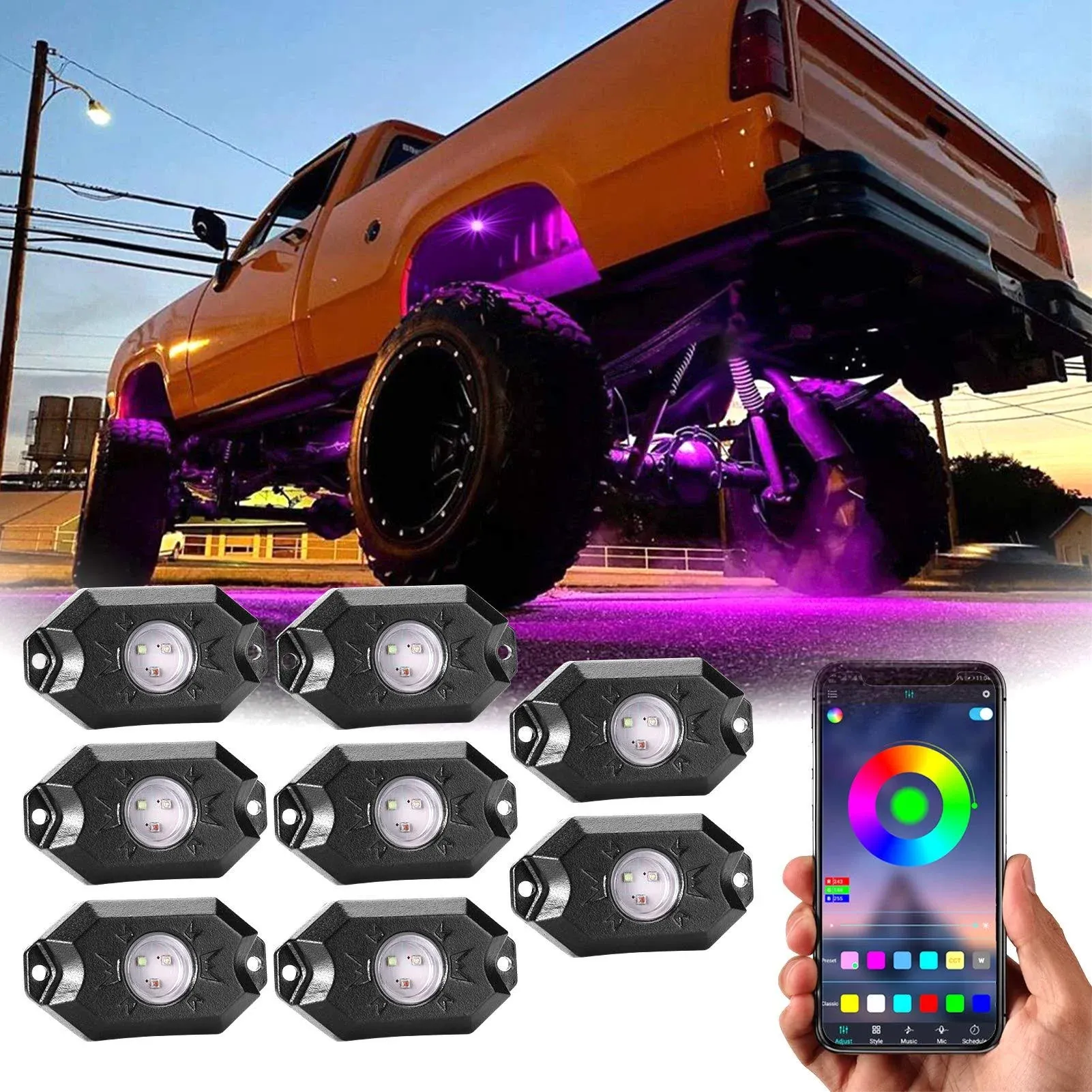 YCHOW-TECH 8 Pods LED Rock Light Wheel Well Neon Lights RGB Multi-Color Decorate Light Pods APP Control Dancing Chasing Music Mode Waterproof Neon Accent Wheel Lights for Off Road Truck Grille Mount