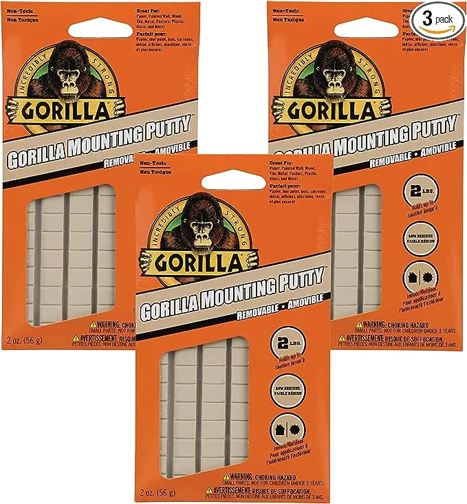 Gorilla Mounting Putty, Non-Toxic Hanging Adhesive, Removeable & Repositionable, 84 Pre-Cut Squares, 3pk - 2oz/56g, Natural Tan Color, (Pack of 3)