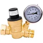 3/4 Lead-Free Water Pressure Regulator Brass Water Valve with Gauge, Adjustable Pressure Reducer for RV Camper, Build in Oil, NH Thread