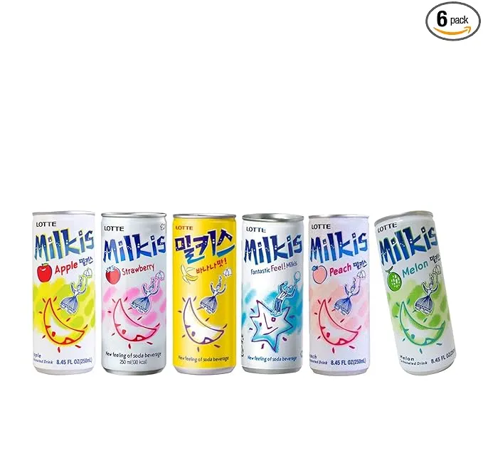 Lotte Milkis 6 Flavors Combo (Original, Apple, Melon, Peach, Banana, & Strawberry) (6 Flavors, Pack of 1)