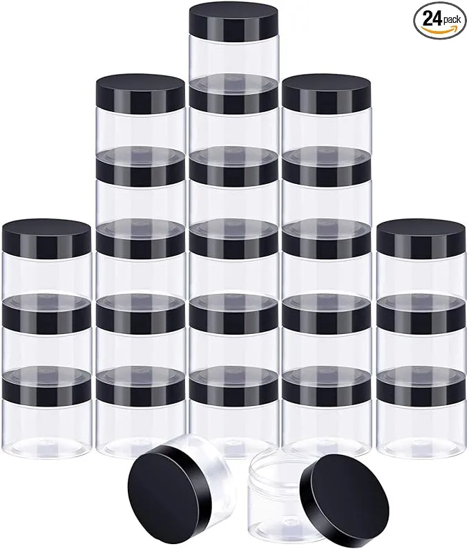 SATINIOR 24 Pieces Empty Clear Plastic Jars with Lids Round Storage Containers Wide-Mouth for Beauty Product Cosmetic Cream Lotion Liquid Butter Craft and Food (Black Lid, 2 oz)