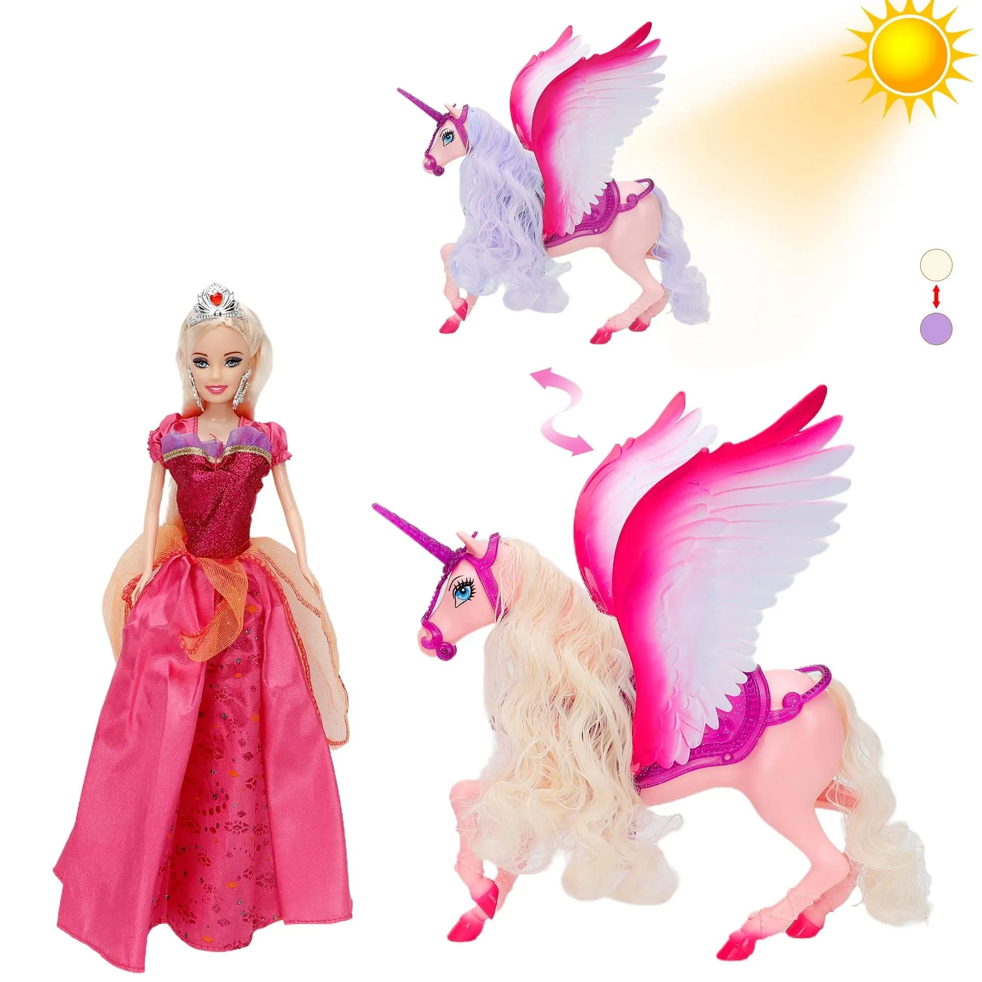 Pink Unicorn with Color Change Hair and Fairy Tale Princess Doll, With Comb, Girls' Unicorn Doll Toys Gifts, Presents for Girl Kids Aged 3+