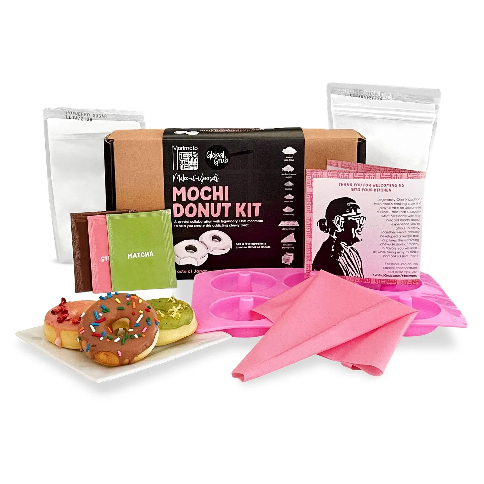 Global Grub DIY Morimoto Mochi Donut Kit - Includes Mochi Donut Mold, Reusable Piping Bag, Sweet Rice Mochi Flour, Confectioners’ Sugar, Strawberry Powder, Cocoa Powder & Matcha Green Tea Powder, Step-by-Step Instructions, Master Chef Approved, Makes 18 b