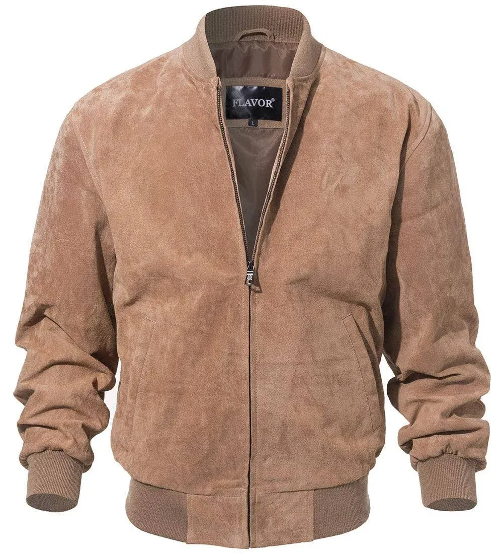 FLAVOR Men's Leather Baseball Bomber Jacket Vintage Suede Pigskin