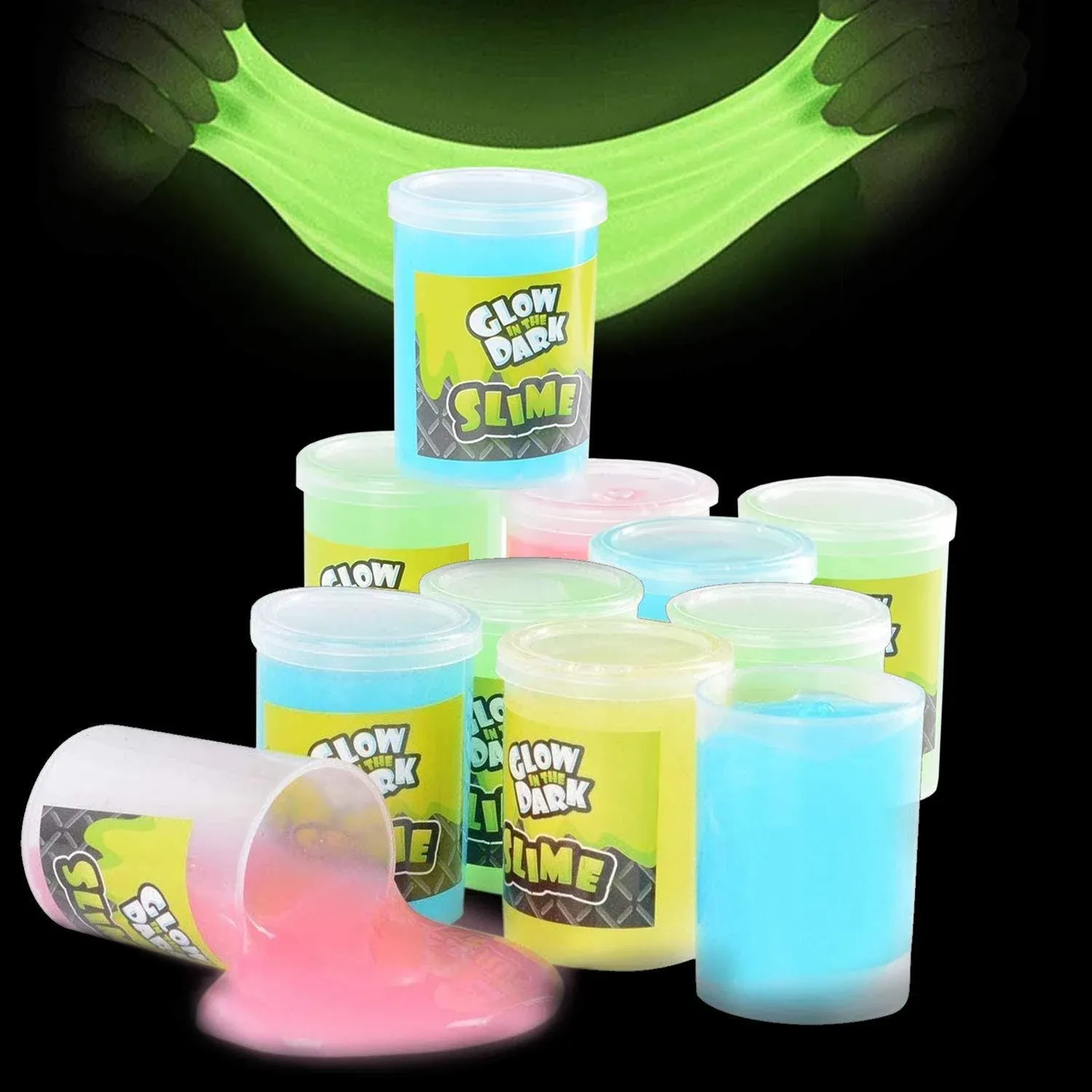 Kicko Glow in The Dark Slime - 6 Pack - Assorted Neon Colors - Glowing Slime Kit for Kids, Slime Party Favors in Green, Blue, Orange, and Yellow, Non-Toxic Goody Bag Fillers and Birthday Gifts