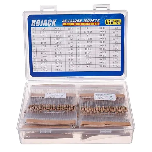 BOJACK 1000 Pcs 25 Values Resistor Kit 1 Ohm-1M Ohm with 1% 1/2W Metal Film Resistors Assortment