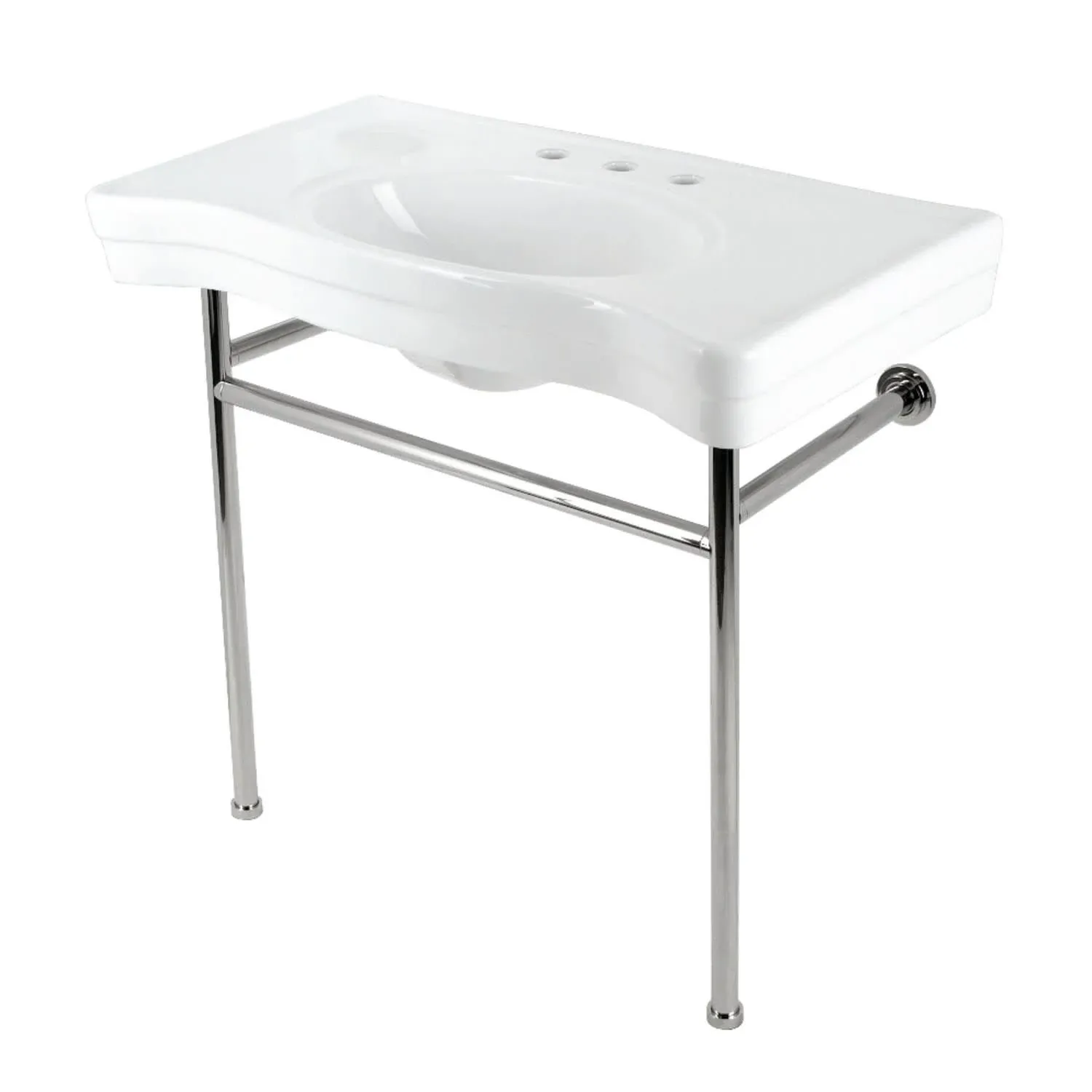 Kingston Brass VPB28140W86 36 in. Bristol Ceramic Console Sink with Stainless Steel Legs, White & Polished Nickel