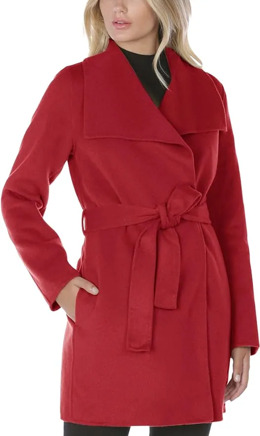 "TAHARI Women's Wool Wrap Coat with Tie Belt, Deep Red"