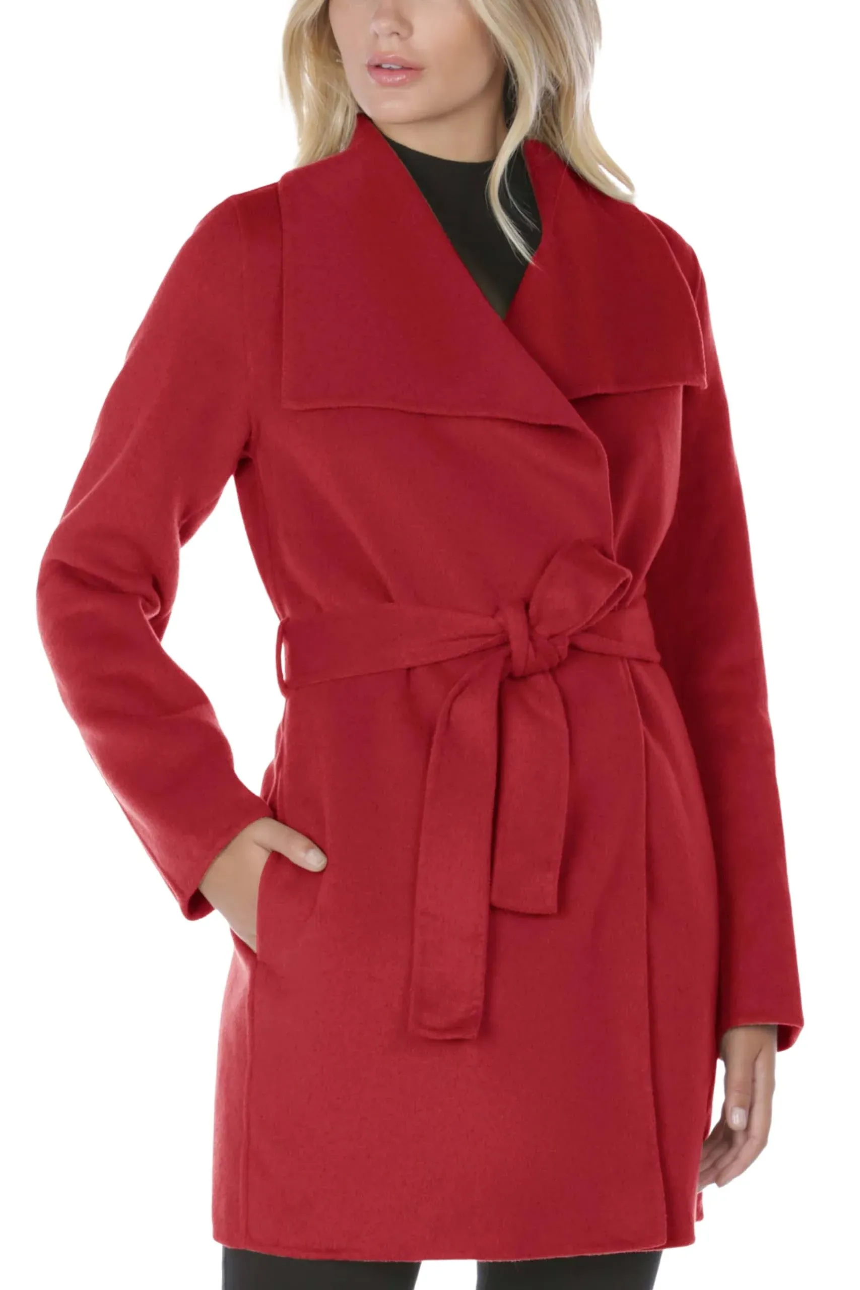 "TAHARI Women's Wool Wrap Coat with Tie Belt, Deep Red, M"