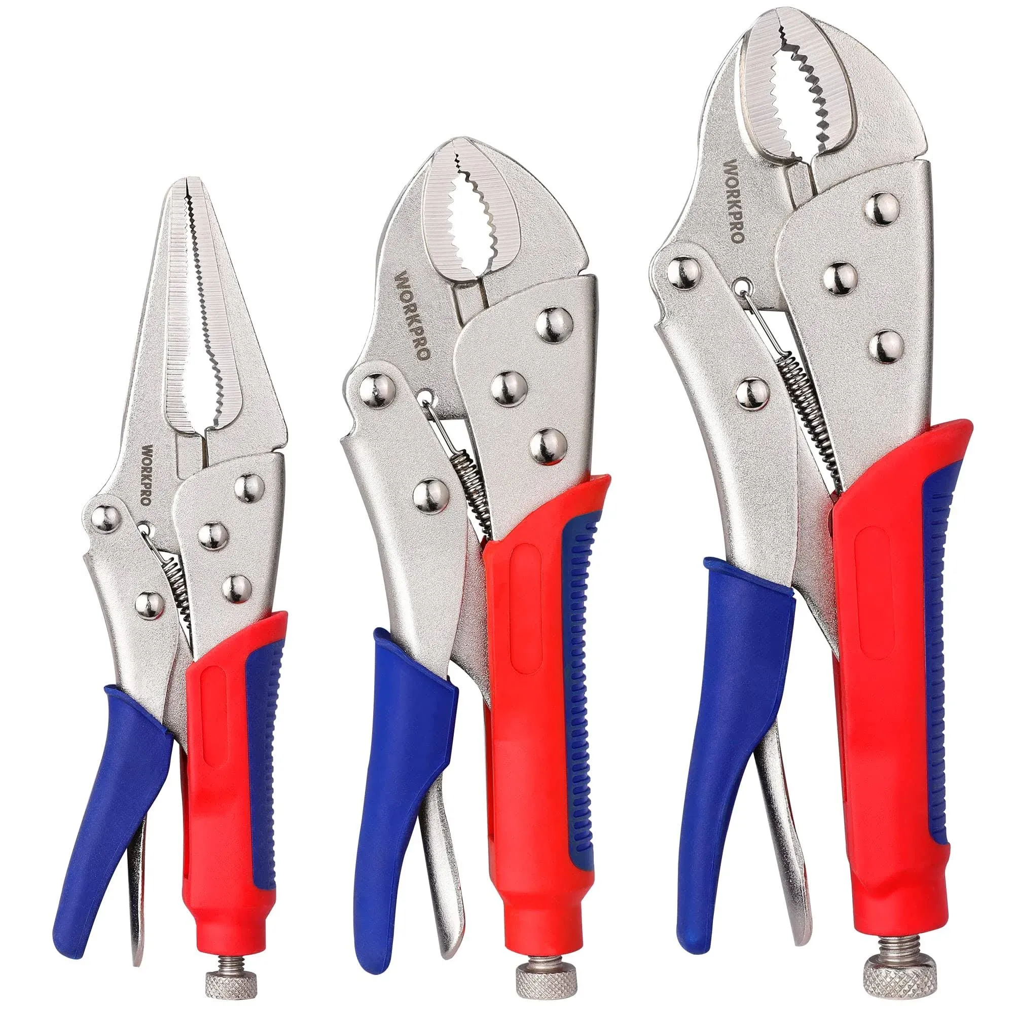 WorkPro 3-Piece Locking Pliers Set 10-Inch Curved Jaw 7-Inch Curved Jaw and 6-1/2-Inch Straight Jaw